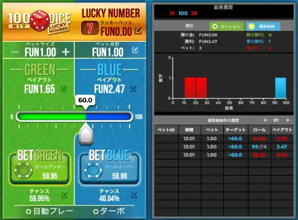 100ビットダイスラッキーナンバーのゲーム画面
